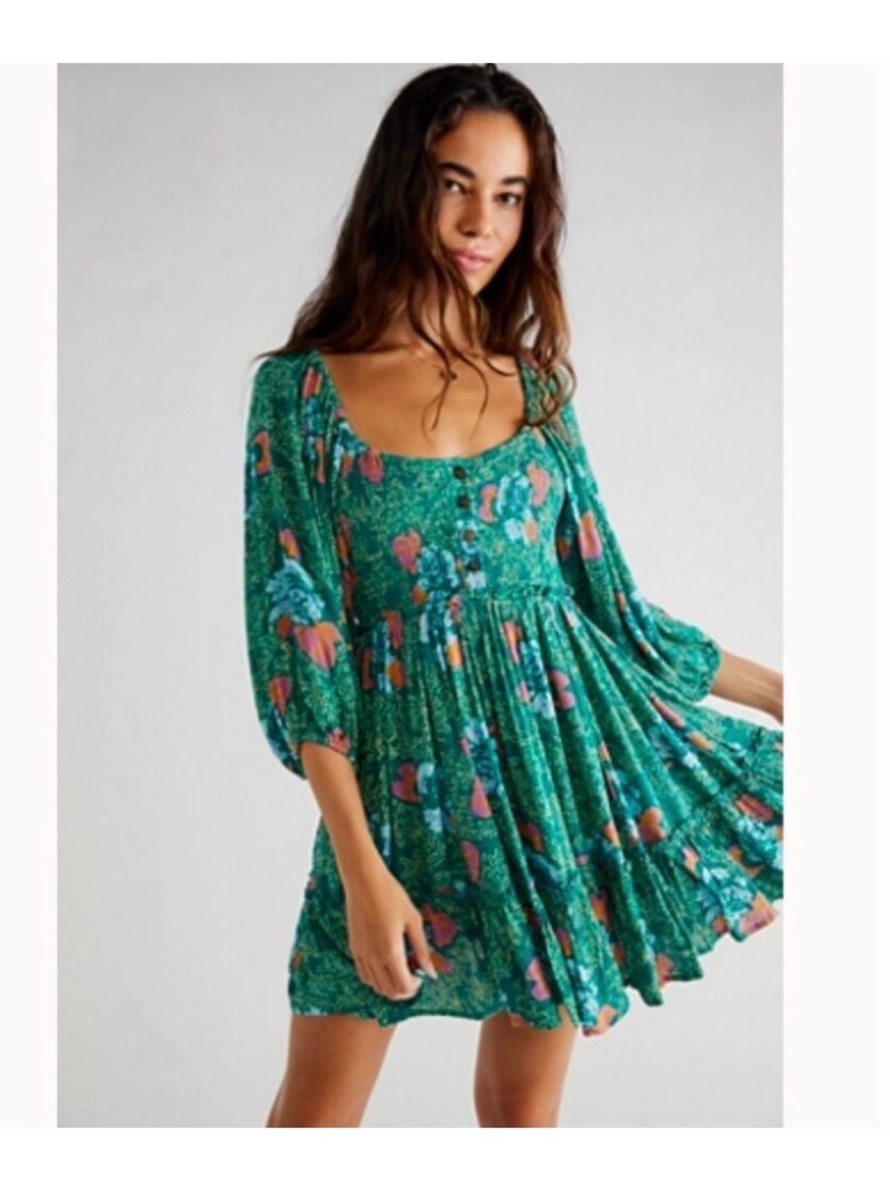 Free People Emerald Green Floral Scoop-Neck Mini Dress